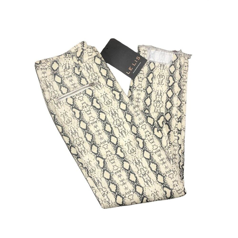 Le Lis snake print aztec cream grey skinny jeans raw hem zipper pocket SIZE Smal
